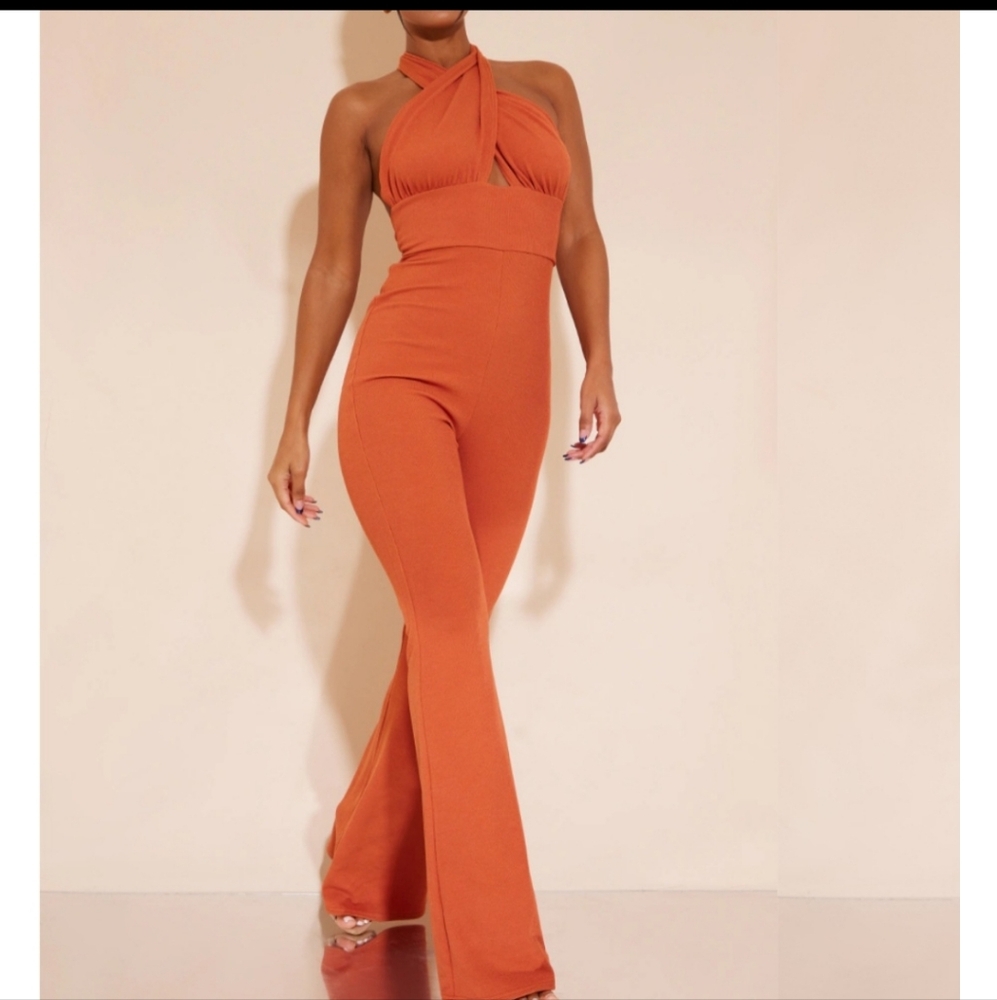 Burnt Orange Ribbed Halter Jumpsuit